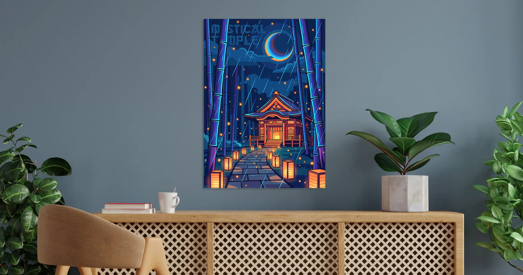 Mystical Temple in Bamboo Forest — metal poster wall art by Lineer